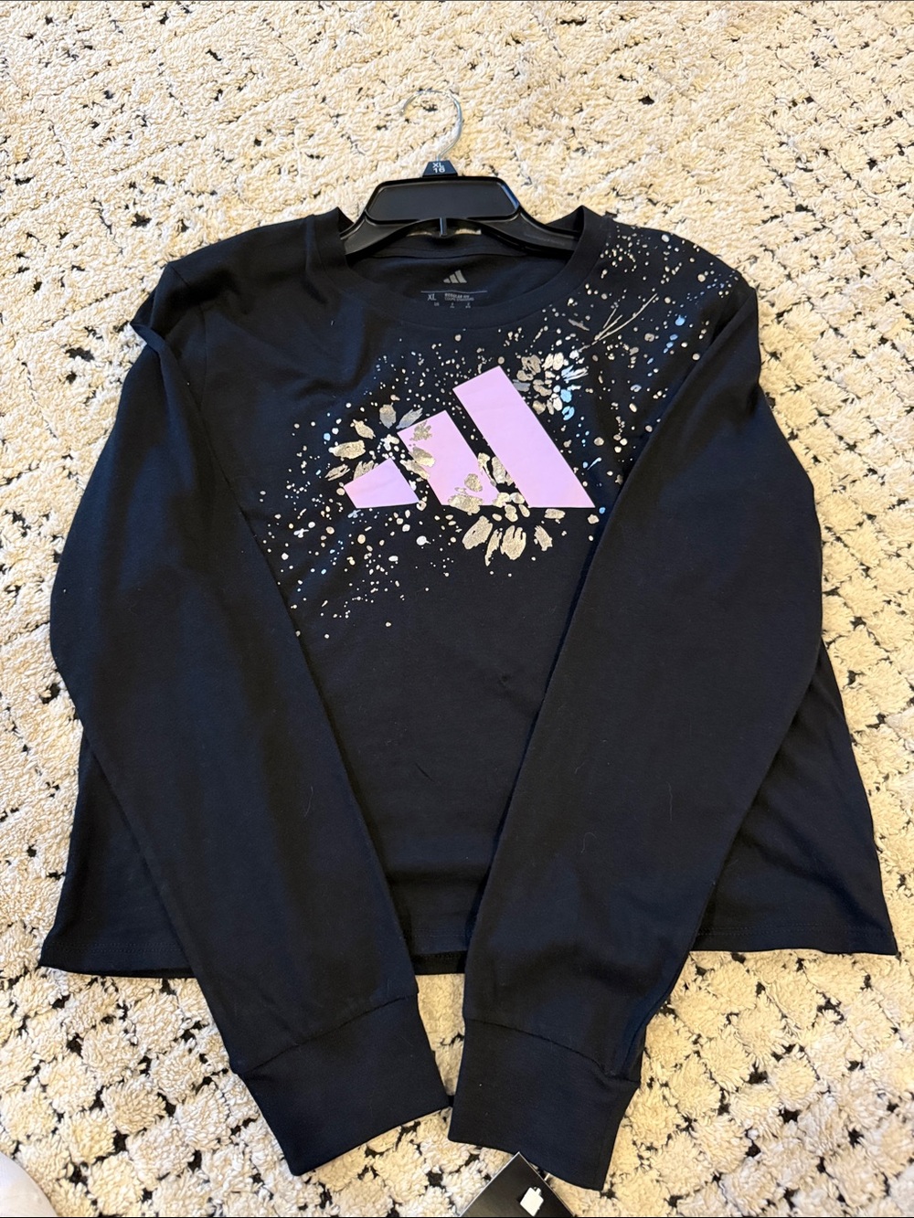 adidas Black Crewneck long sleeve T with Pink Logo and Metallic Accents